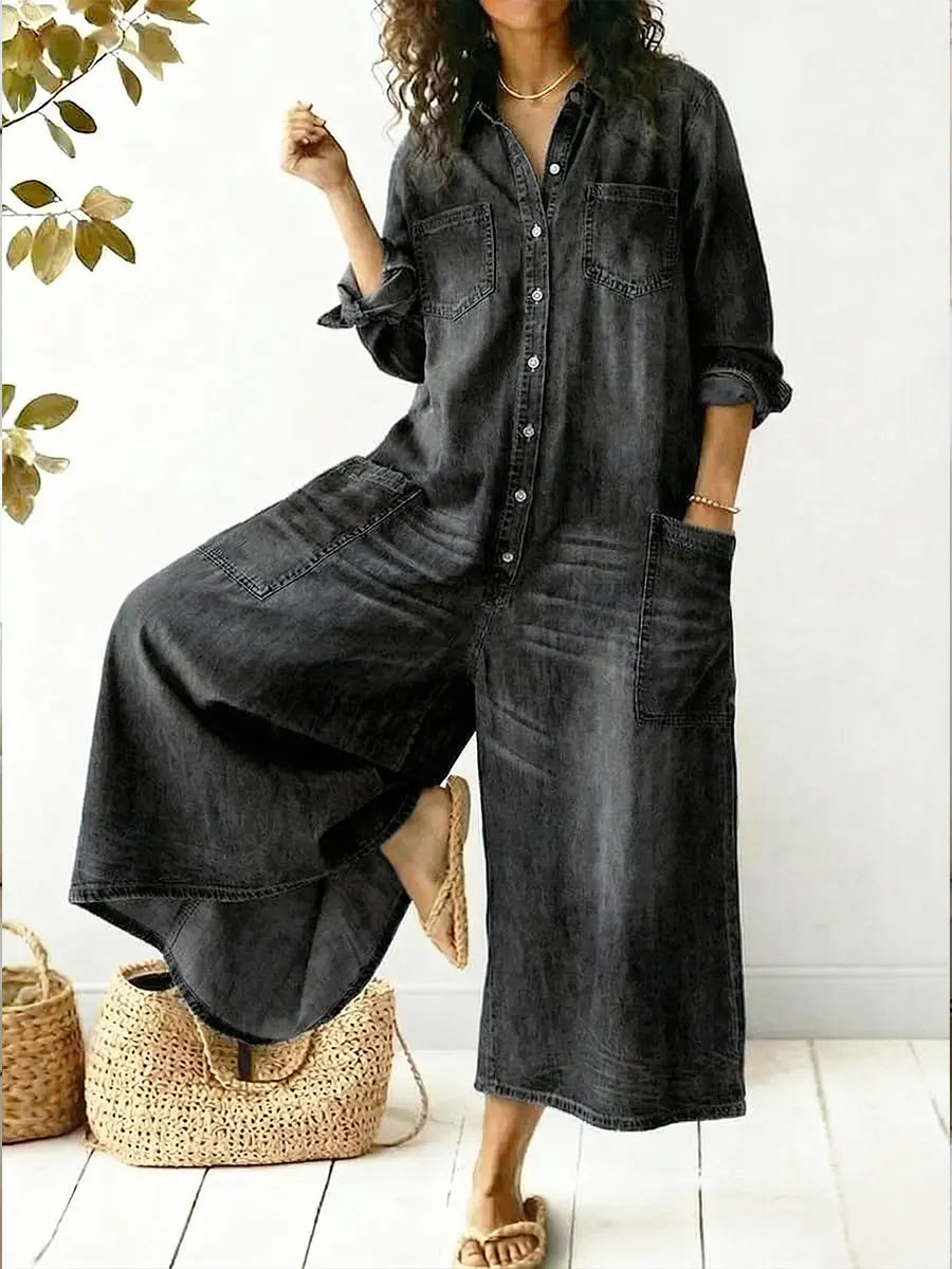 Image of Christine | Women's Long Sleeve Denim Wide Leg Jumpsuit