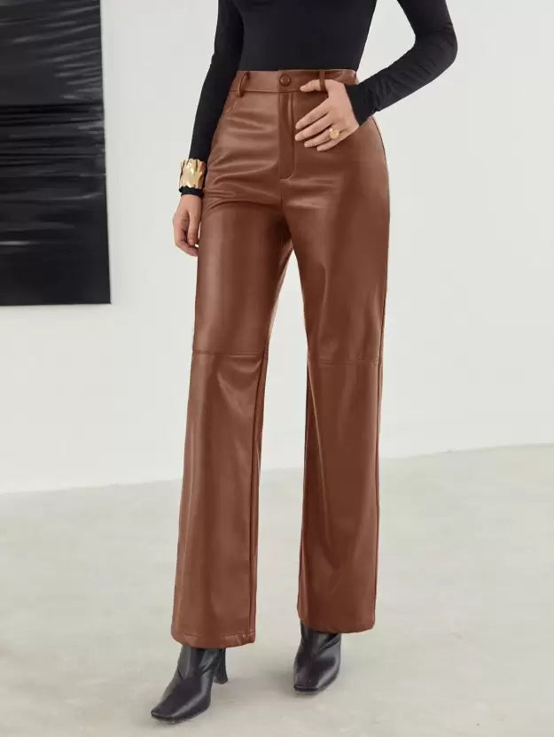 Image of Eva | Women's High-Waisted Faux Leather Wide Leg Pants