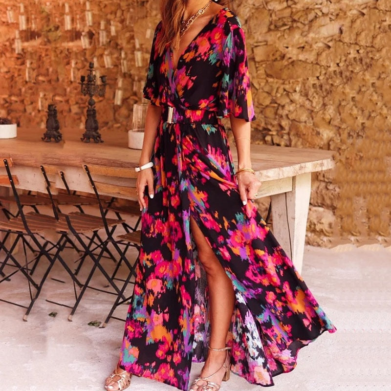 Image of Heather | Women's V-Neck Belted Maxi Dress