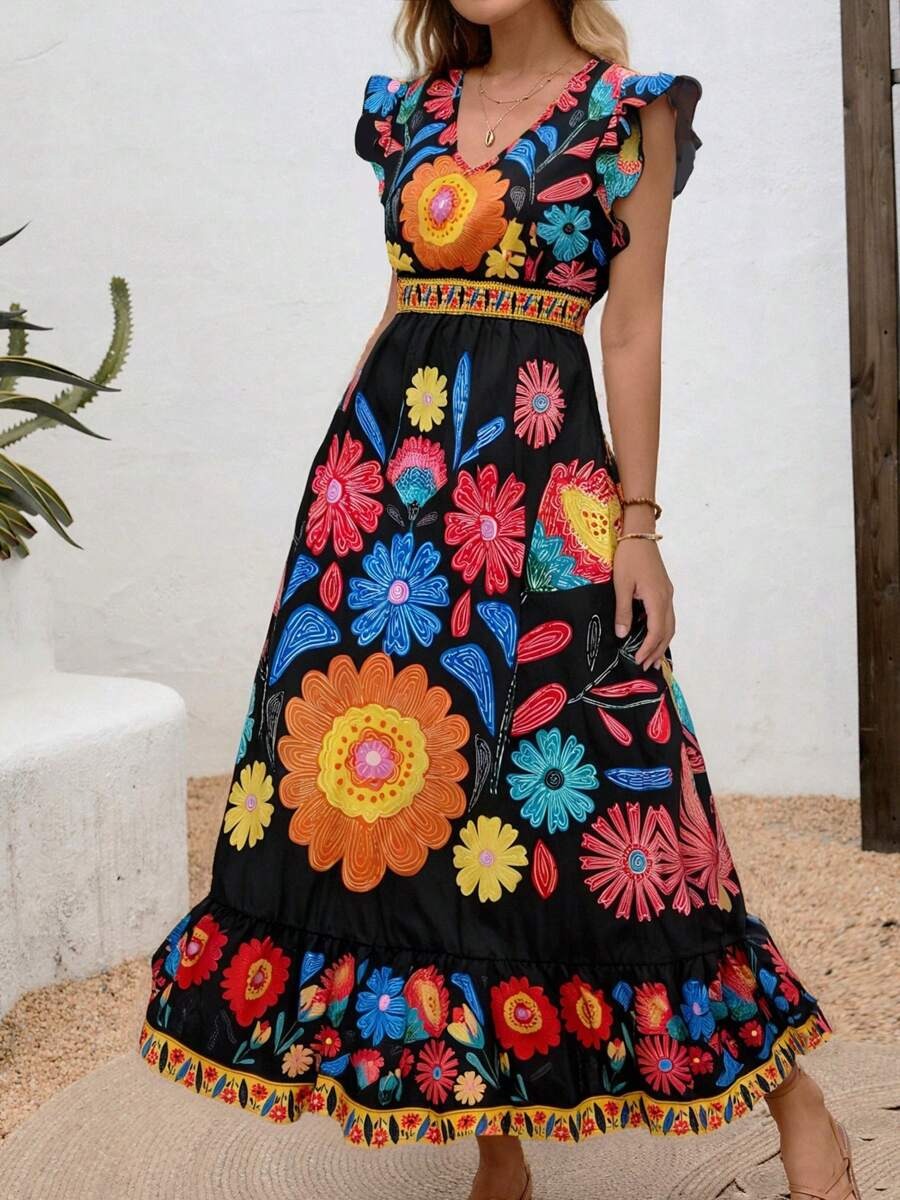 Image of Naomi | Women's V-Neck A-Line Midi Dress