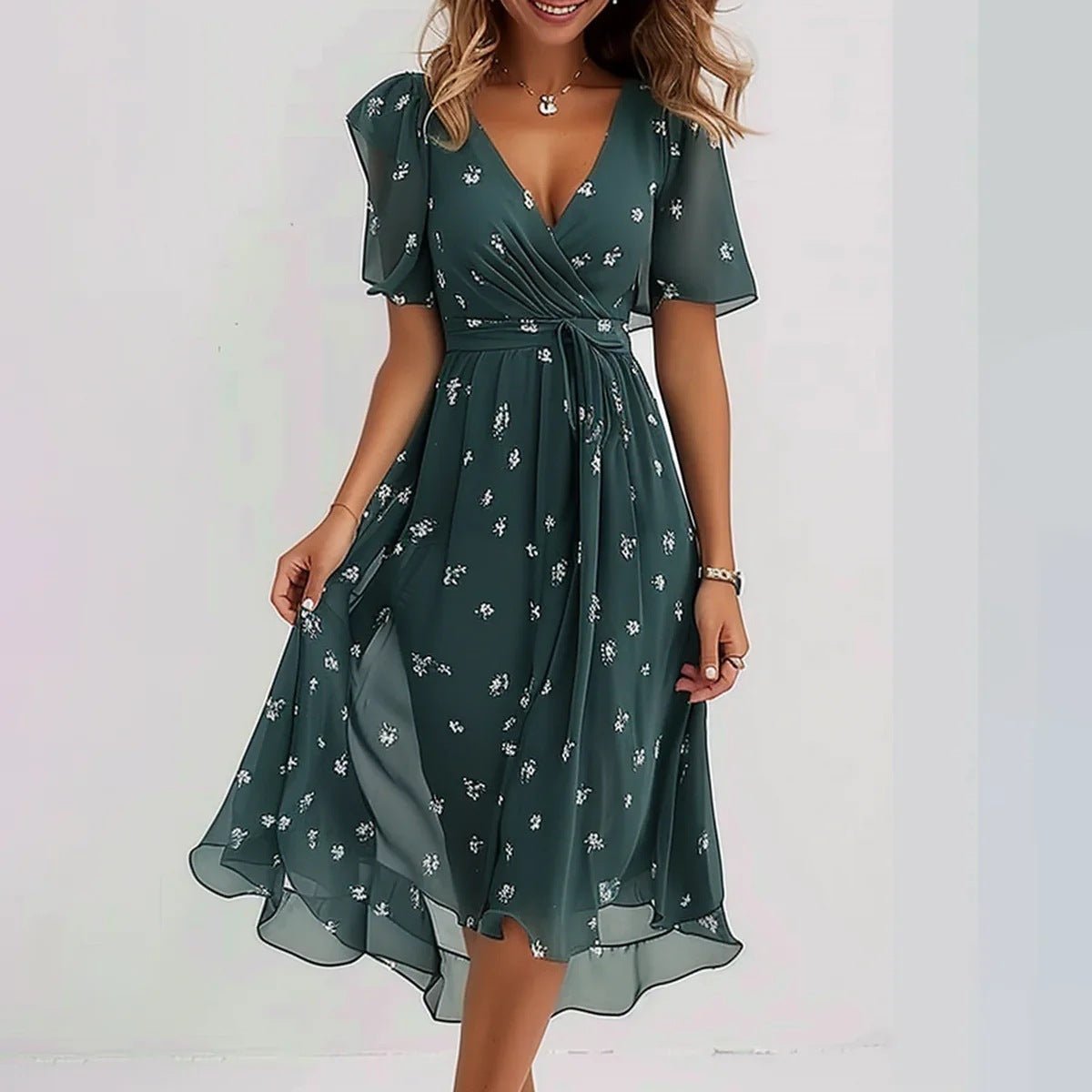 Image of Stella | Women's V-Neck A-Line Midi Dress
