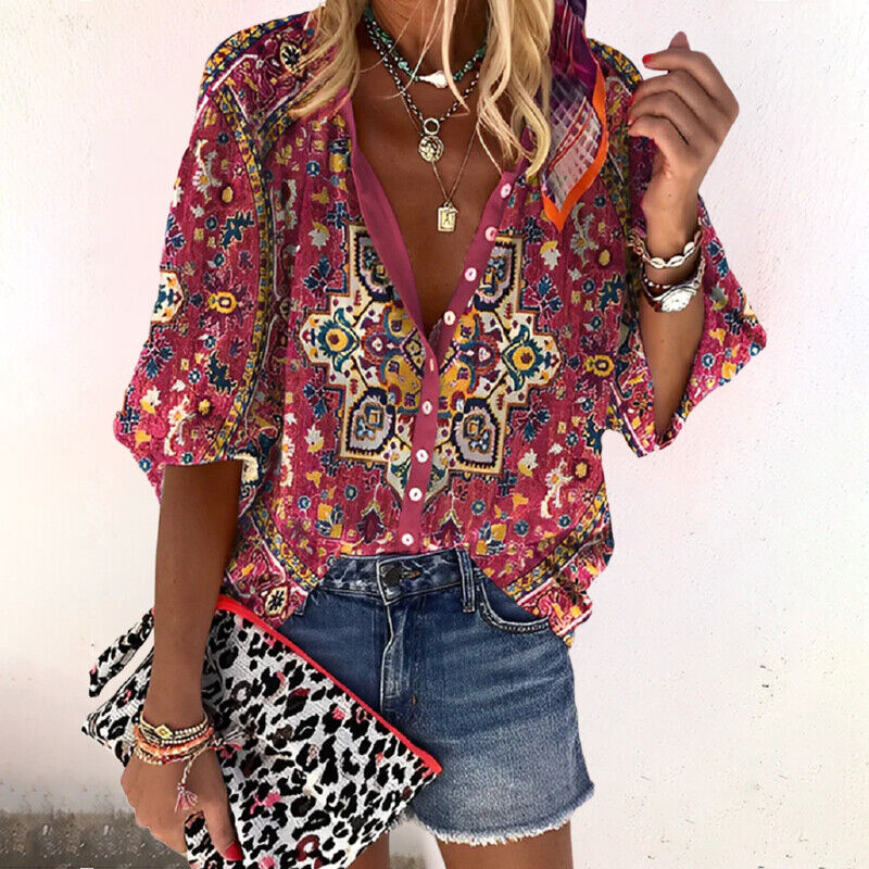 Image of Roberta | Women's Floral 3/4 Sleeve Button-Down Shirt