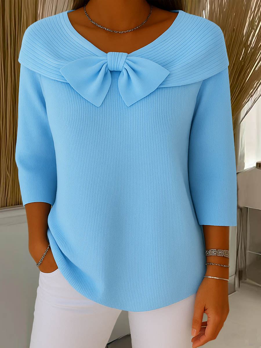 Image of Melanie | Women's Bow Ribbed 3/4 Sleeve Sweater