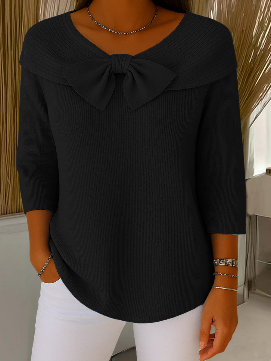 Image of Melanie | Women's Bow Ribbed 3/4 Sleeve Sweater