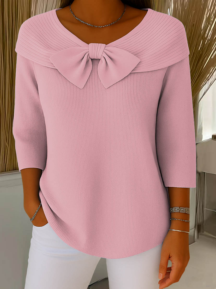 Image of Melanie | Women's Bow Ribbed 3/4 Sleeve Sweater