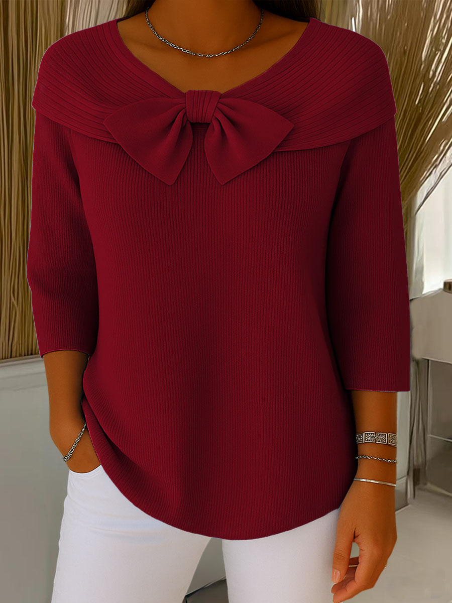 Image of Melanie | Women's Bow Ribbed 3/4 Sleeve Sweater