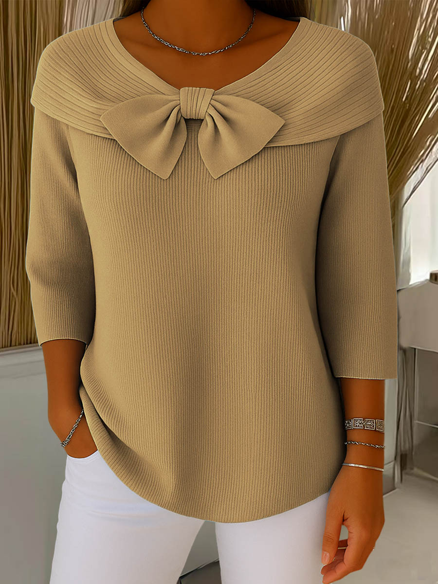 Image of Melanie | Women's Bow Ribbed 3/4 Sleeve Sweater