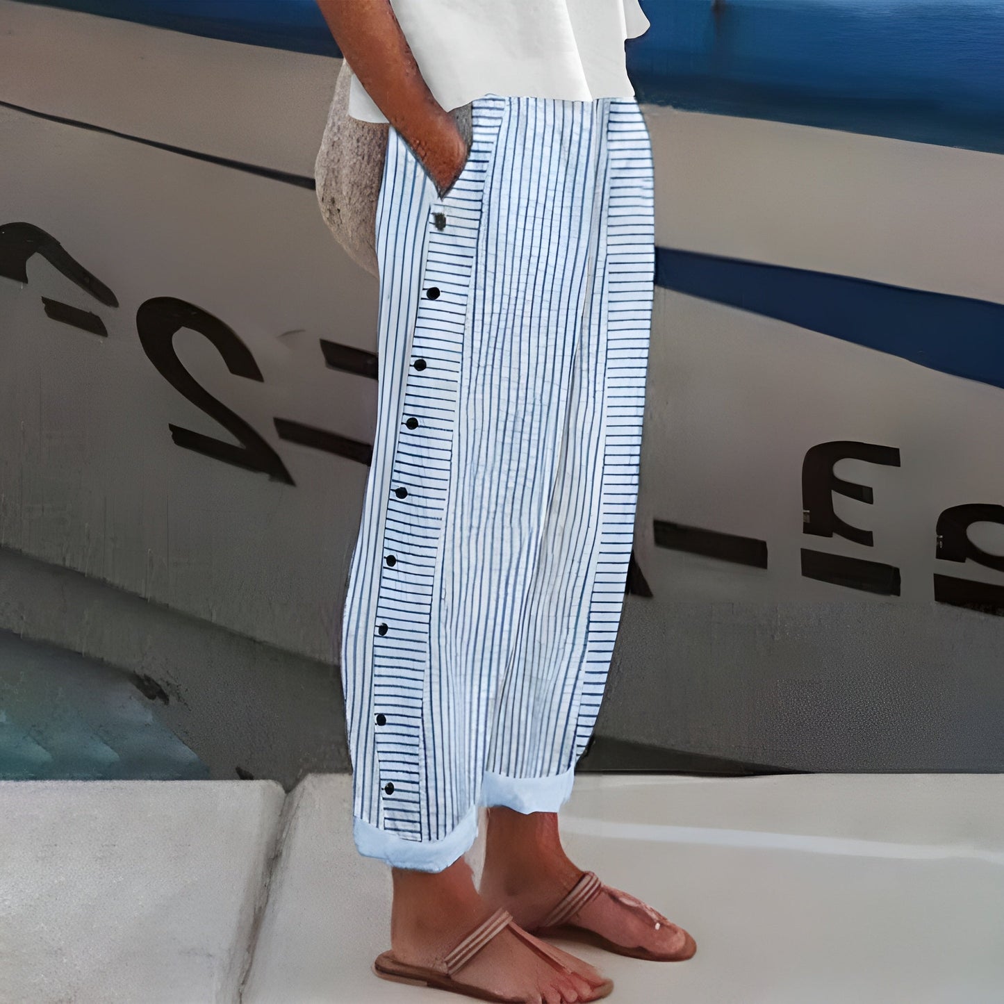 Image of Alison | Women's High-Waisted Striped Wide Leg Pants