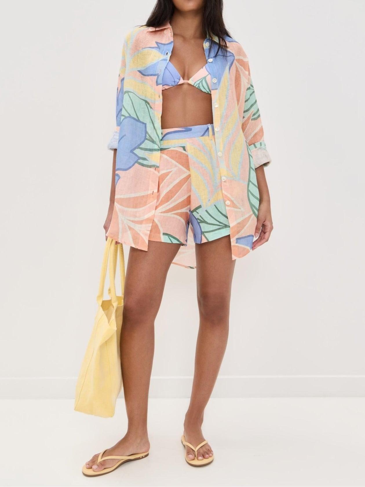Image of Anna | Women's Button-Down Tropical Print Shorts Set