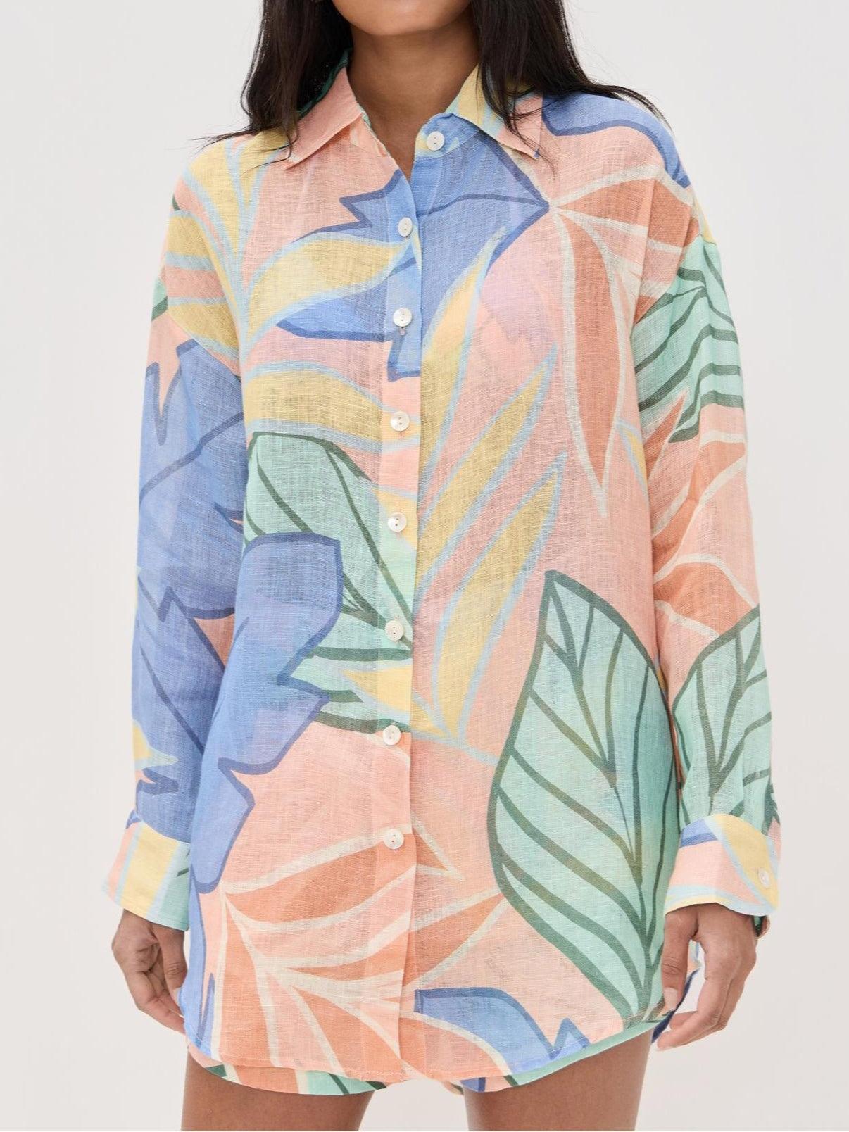 Image of Anna | Women's Button-Down Tropical Print Shorts Set