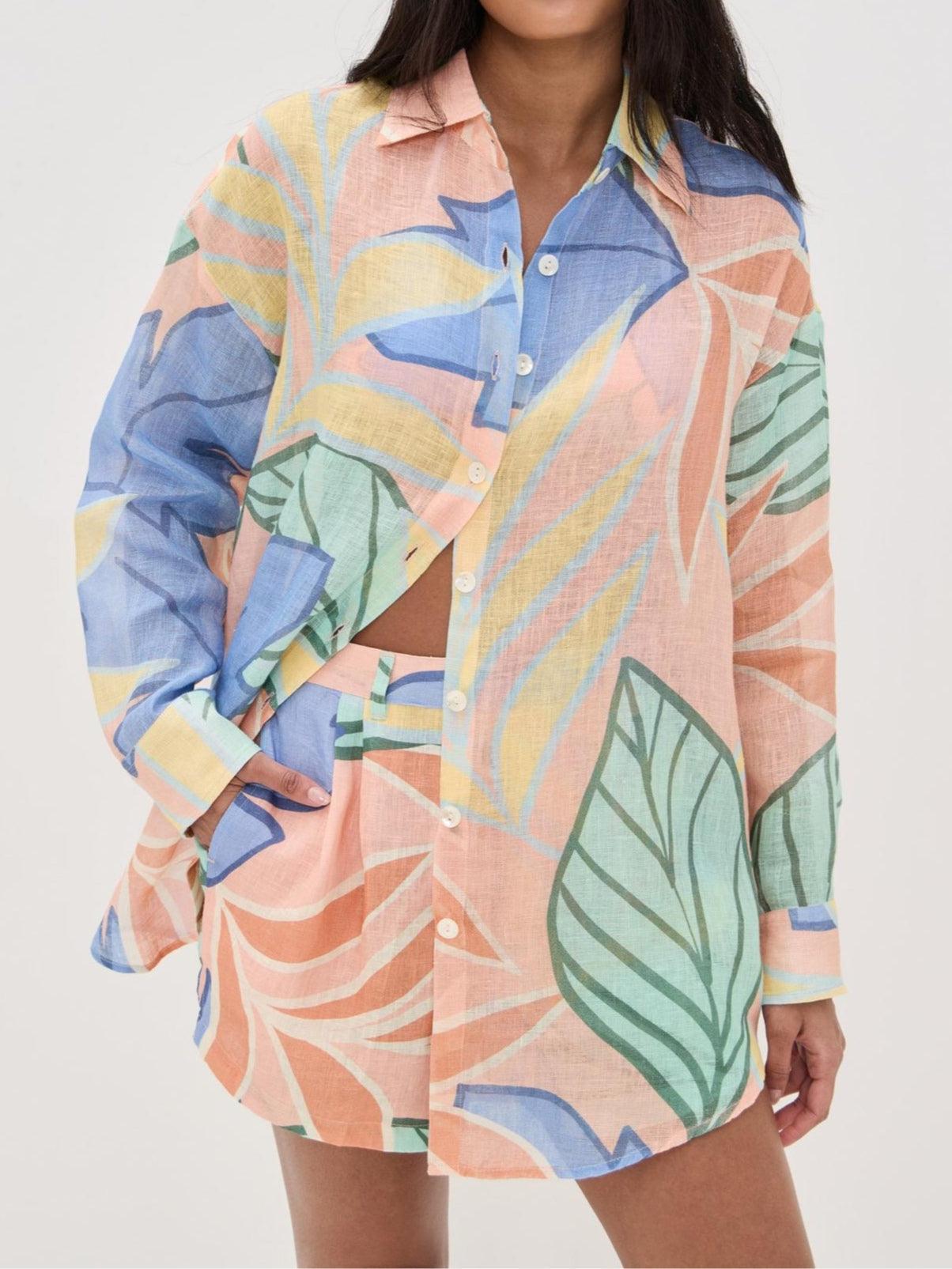 Image of Anna | Women's Button-Down Tropical Print Shorts Set