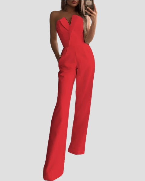 Image of Bonnie | Women's Strapless V-Neck Wide Leg Jumpsuit