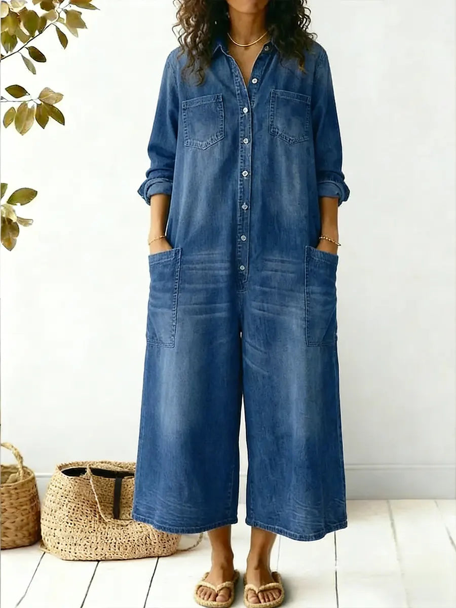 Image of Christine | Women's Long Sleeve Denim Wide Leg Jumpsuit