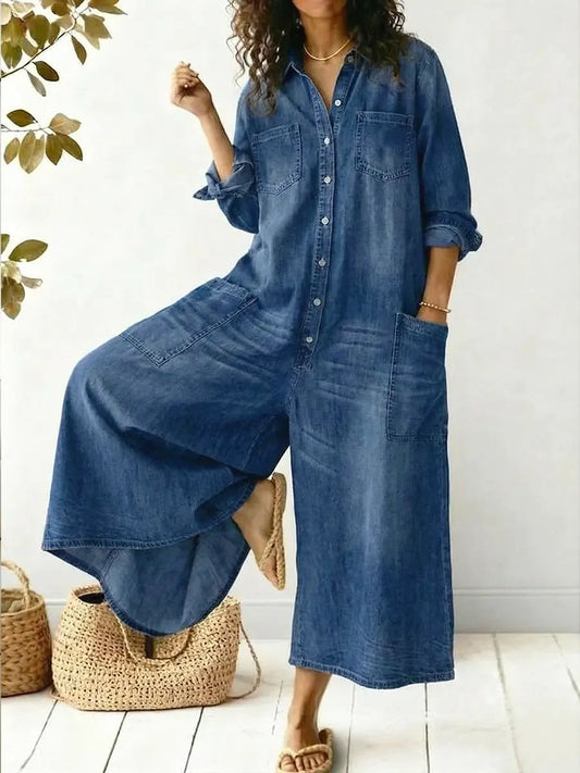 Image of Christine | Women's Long Sleeve Denim Wide Leg Jumpsuit