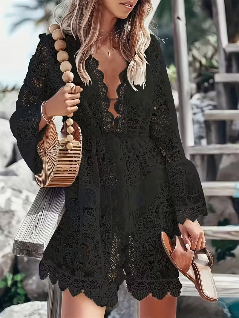 Image of Christine | Women's V-Neck Lace Mini Dress