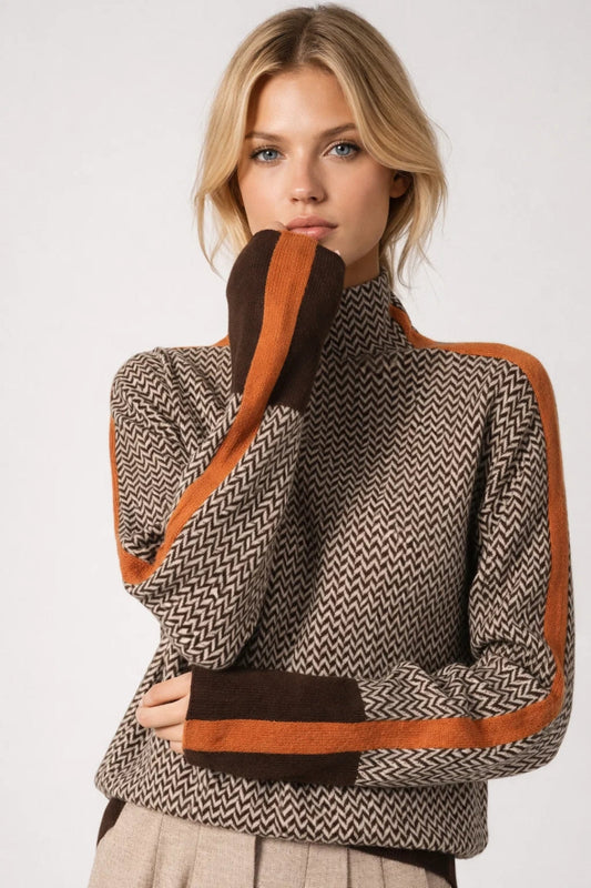 Image of Delilah | Women's Turtleneck Chevron Pattern Sweater