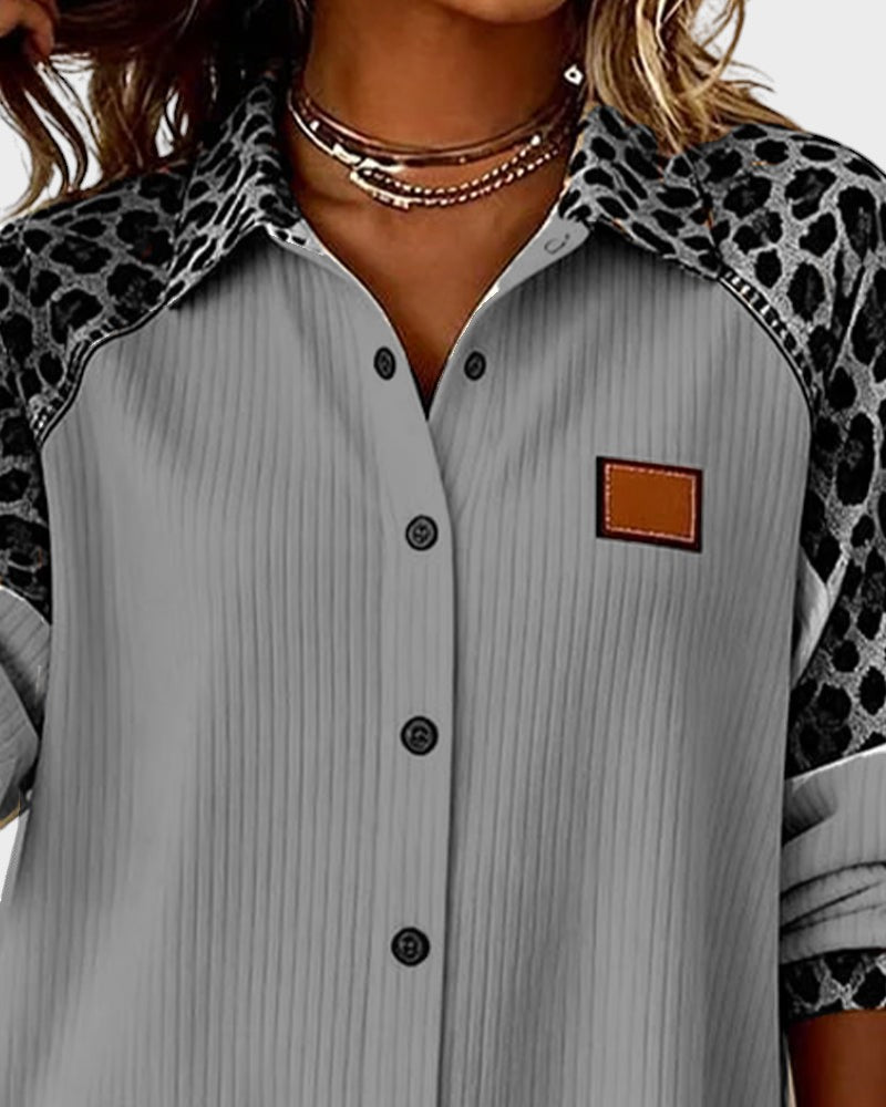 Image of Donna | Women's Leopard Print Color Block Button-Down Shirt