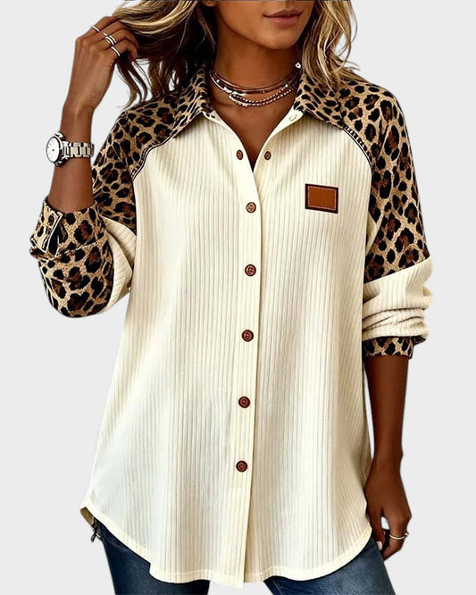 Image of Donna | Women's Leopard Print Color Block Button-Down Shirt