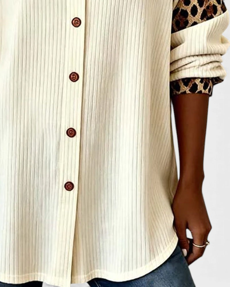 Image of Donna | Women's Leopard Print Color Block Button-Down Shirt