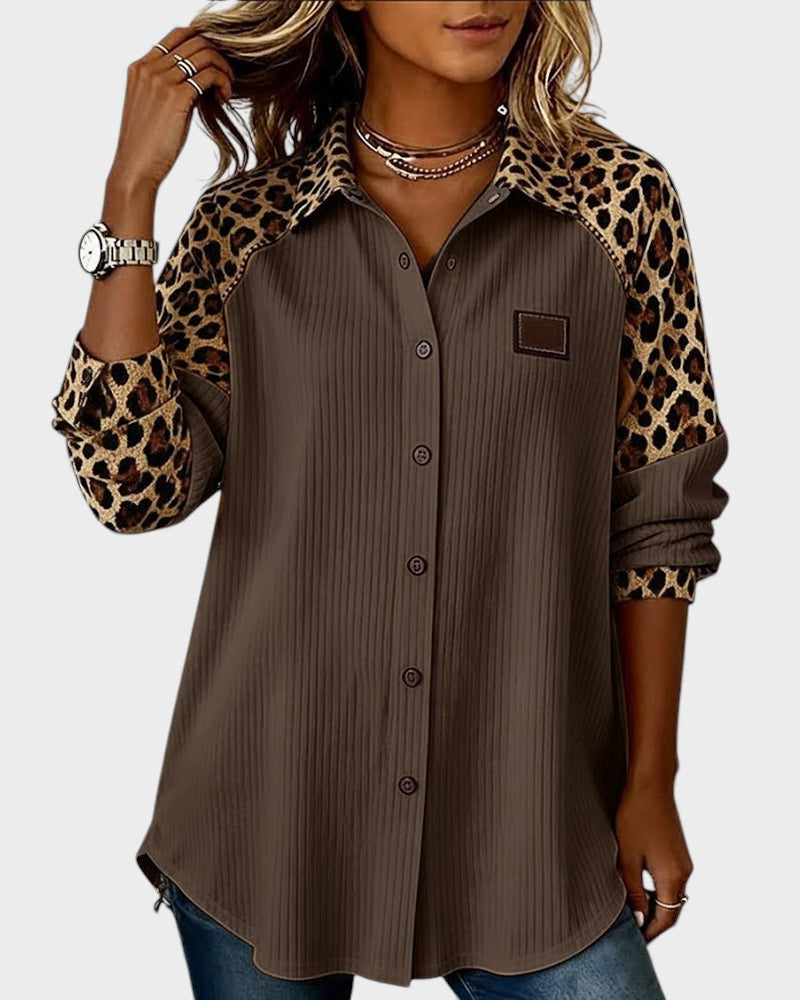 Image of Donna | Women's Leopard Print Color Block Button-Down Shirt