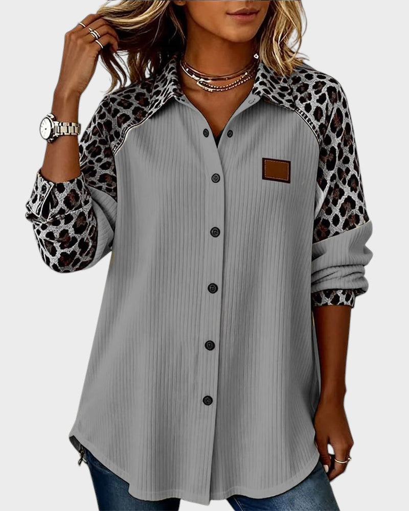 Image of Donna | Women's Leopard Print Color Block Button-Down Shirt