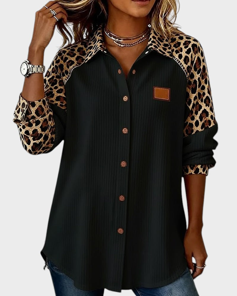 Image of Donna | Women's Leopard Print Color Block Button-Down Shirt