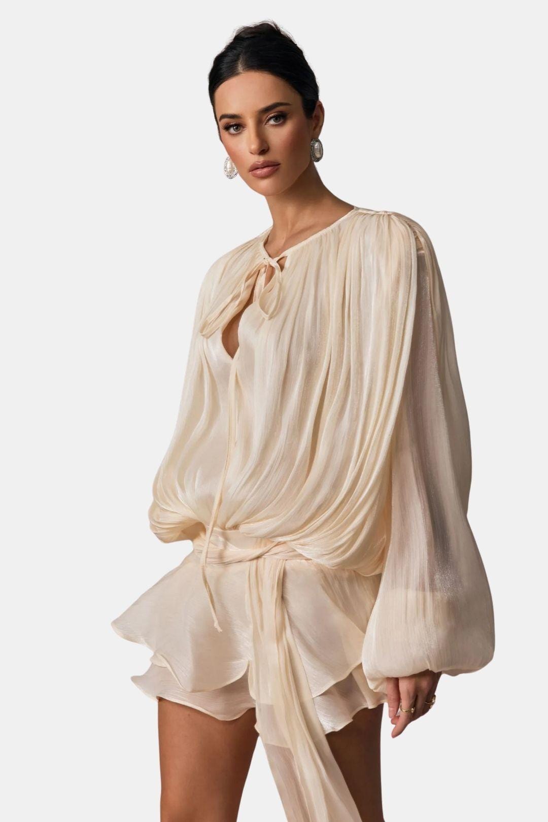 Image of Elsie | Women's Long Sleeve Mini Tie Neck Dress