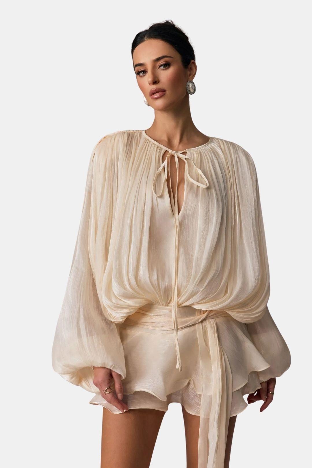 Image of Elsie | Women's Long Sleeve Mini Tie Neck Dress