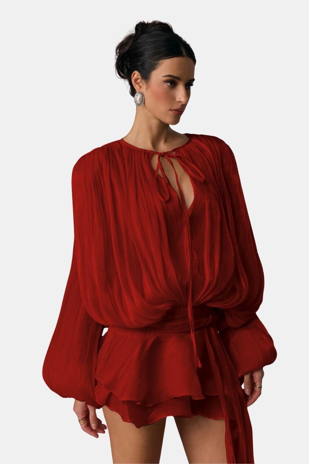 Image of Elsie | Women's Long Sleeve Mini Tie Neck Dress