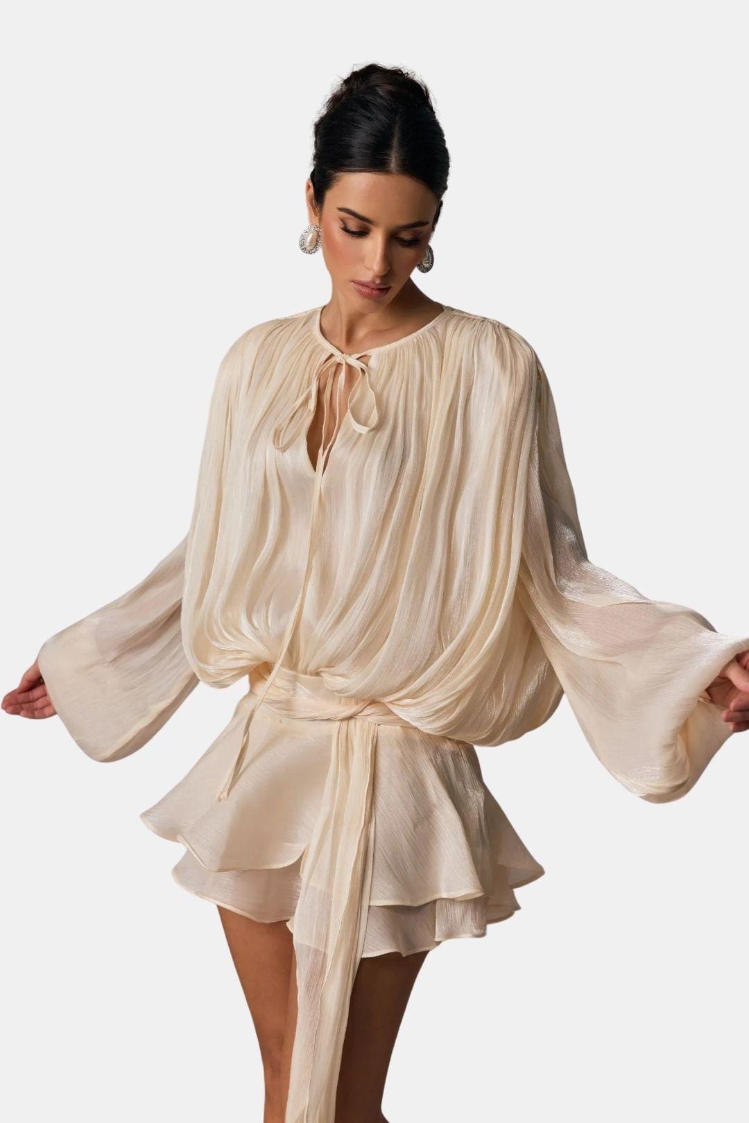 Image of Elsie | Women's Long Sleeve Mini Tie Neck Dress