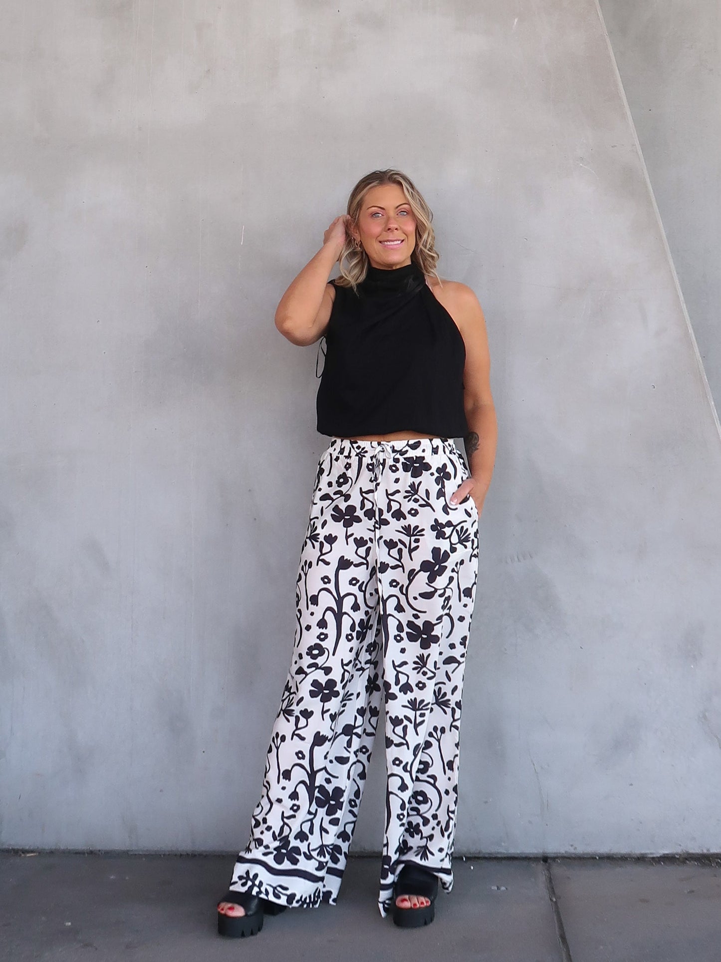 Image of Esther | Women's High Waisted Floral Print Wide Leg Pants