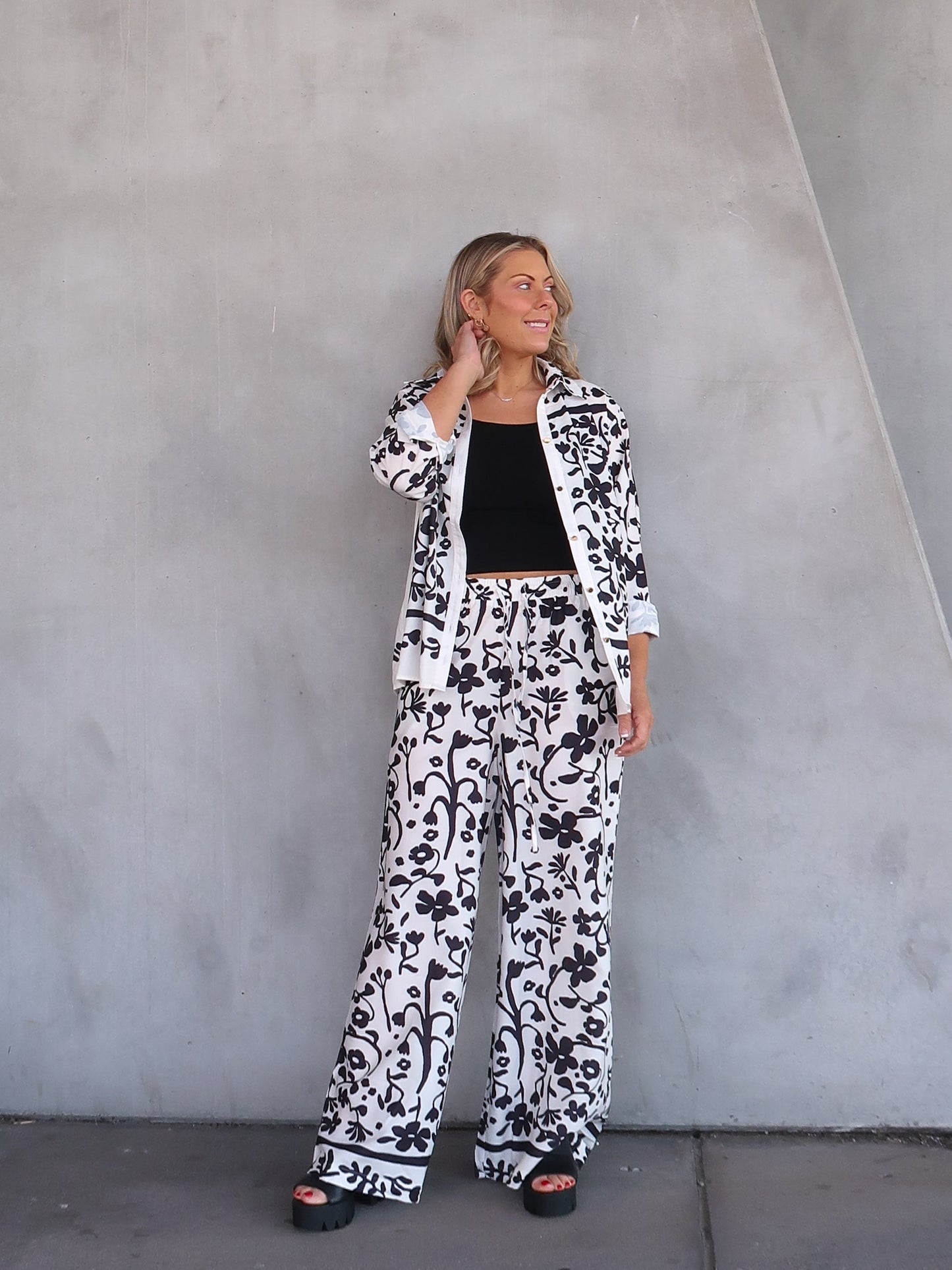 Image of Esther | Women's High Waisted Floral Print Wide Leg Pants