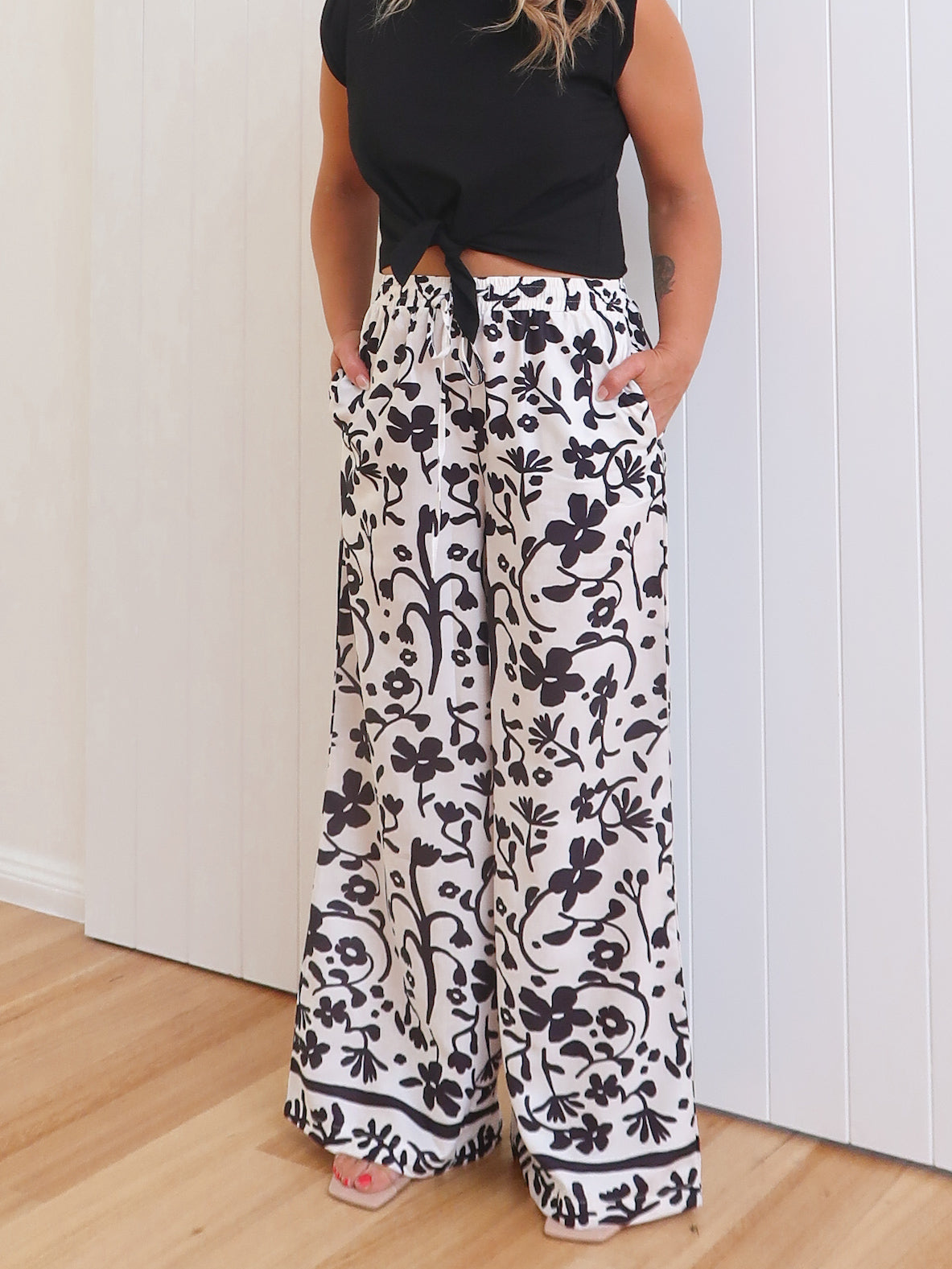 Image of Esther | Women's High Waisted Floral Print Wide Leg Pants