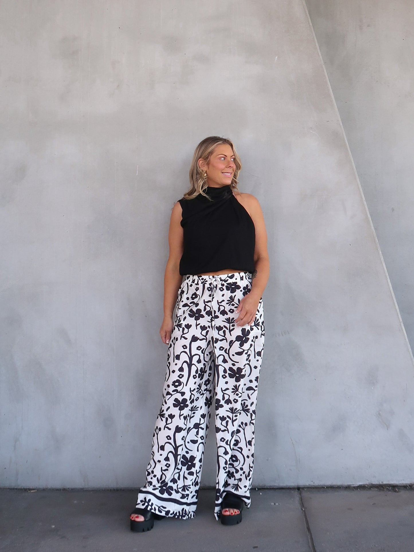 Image of Esther | Women's High Waisted Floral Print Wide Leg Pants