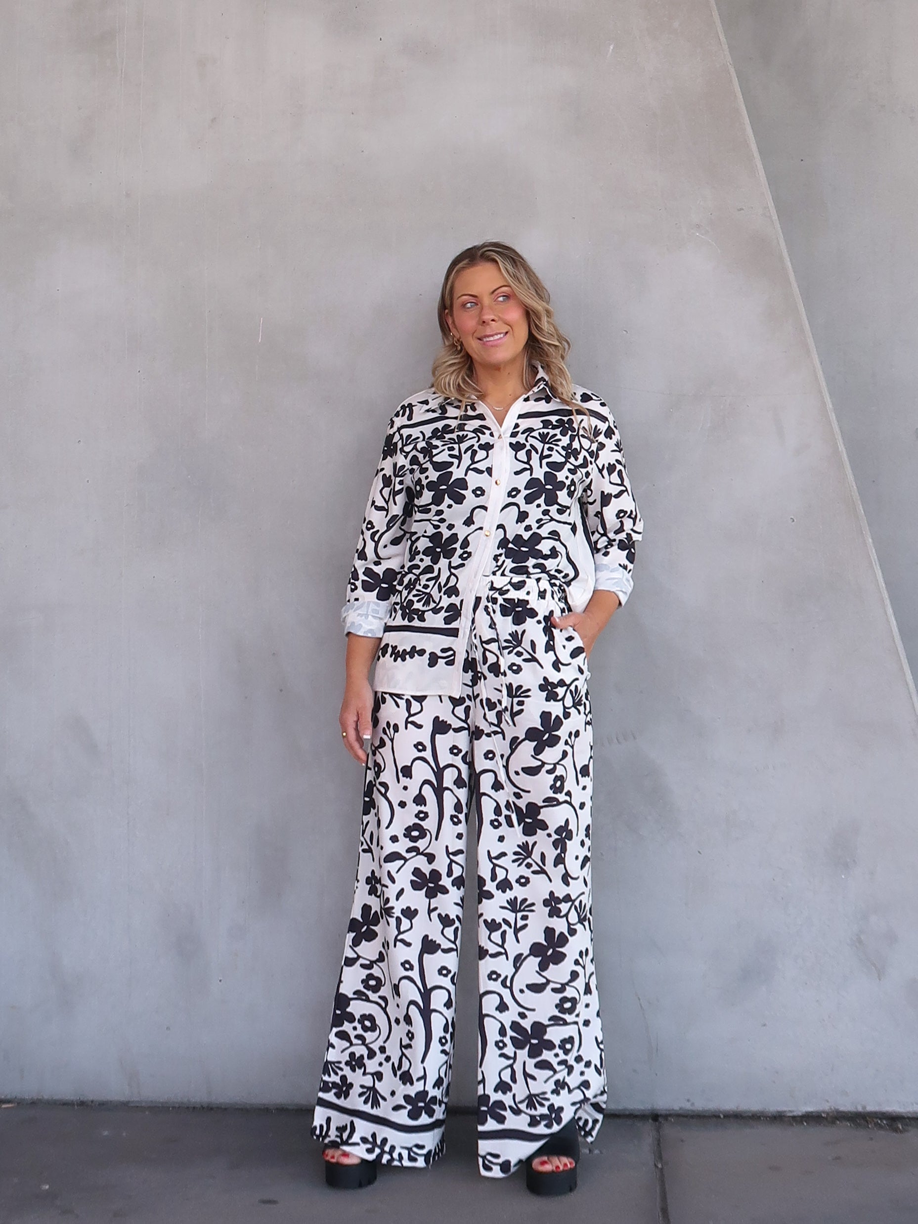 Image of Esther | Women's High Waisted Floral Print Wide Leg Pants