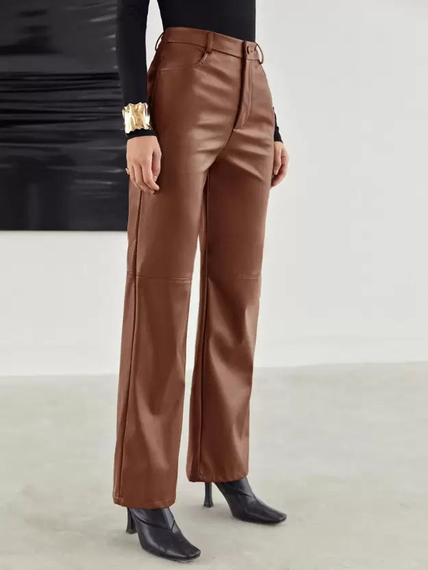 Image of Eva | Women's High-Waisted Faux Leather Wide Leg Pants