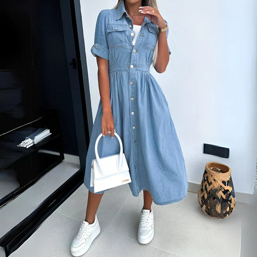 Image of Gina | Women's Button-Front Denim Midi Dress