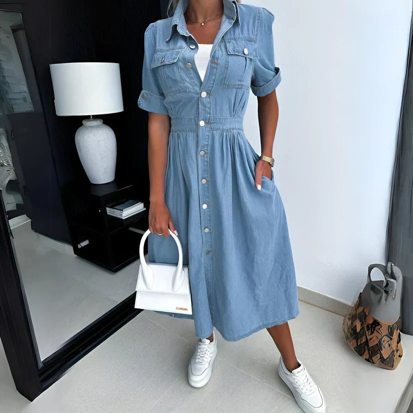Image of Gina | Women's Button-Front Denim Midi Dress