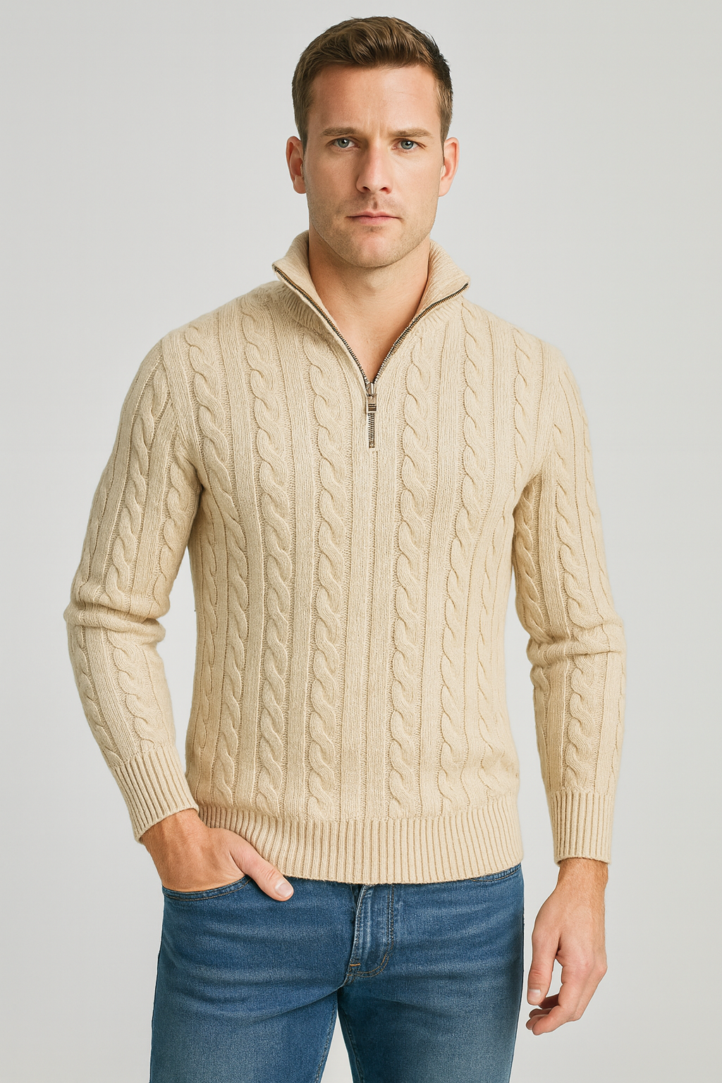Image of Harrison | Men's Quarter-Zip Cable Knit Sweater