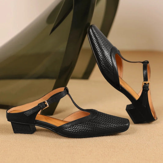 Image of Irene | Women's Backless Block Heel T-Strap Mules