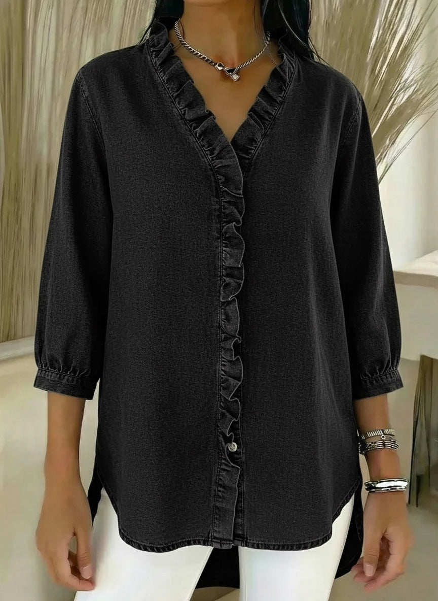 Image of Jane | Women's Button-Down Ruffle Trim Blouse