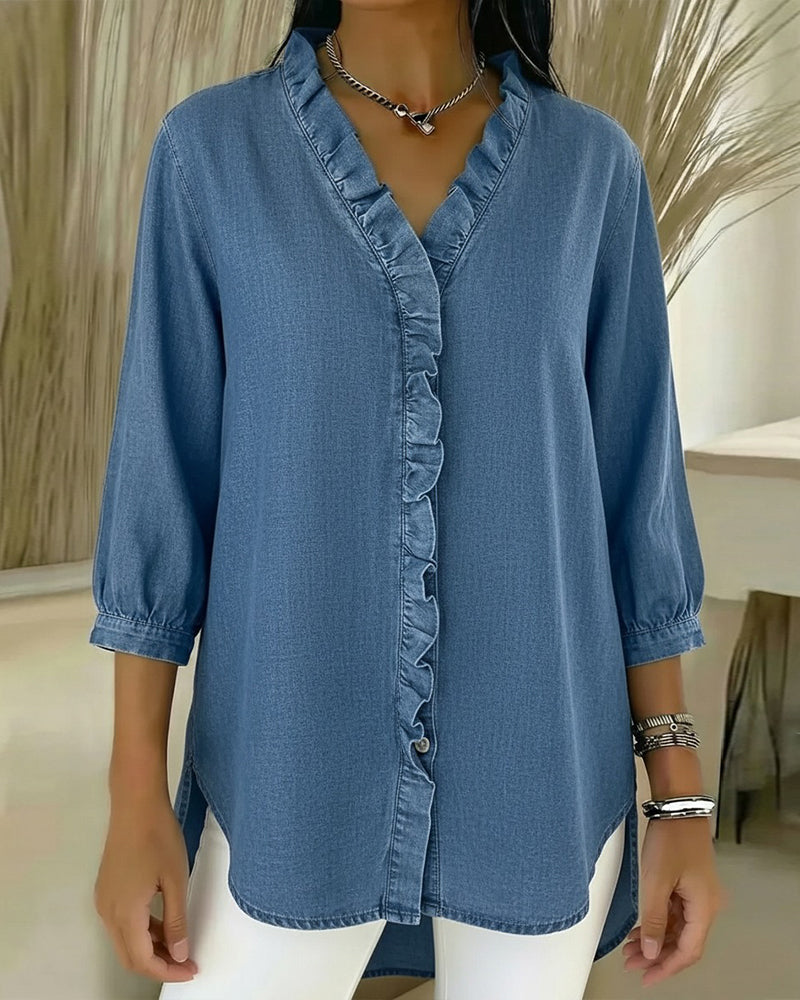 Image of Jane | Women's Button-Down Ruffle Trim Blouse
