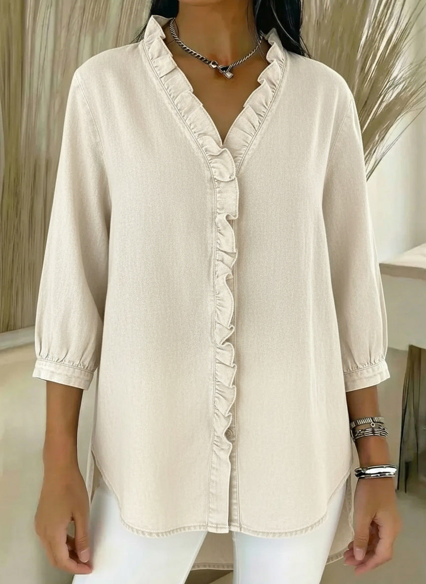 Image of Jane | Women's Button-Down Ruffle Trim Blouse