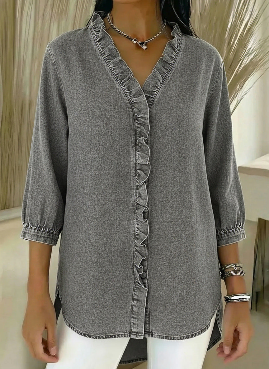 Image of Jane | Women's Button-Down Ruffle Trim Blouse