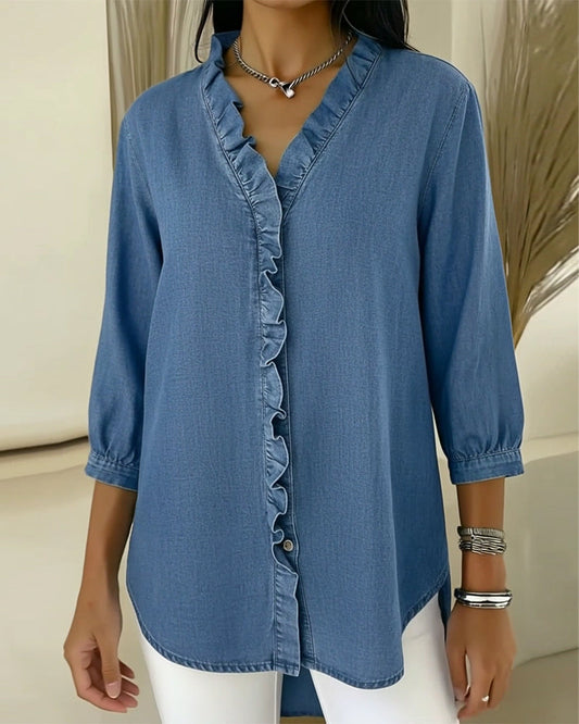 Image of Jane | Women's Button-Down Ruffle Trim Blouse