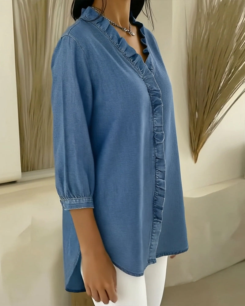 Image of Jane | Women's Button-Down Ruffle Trim Blouse