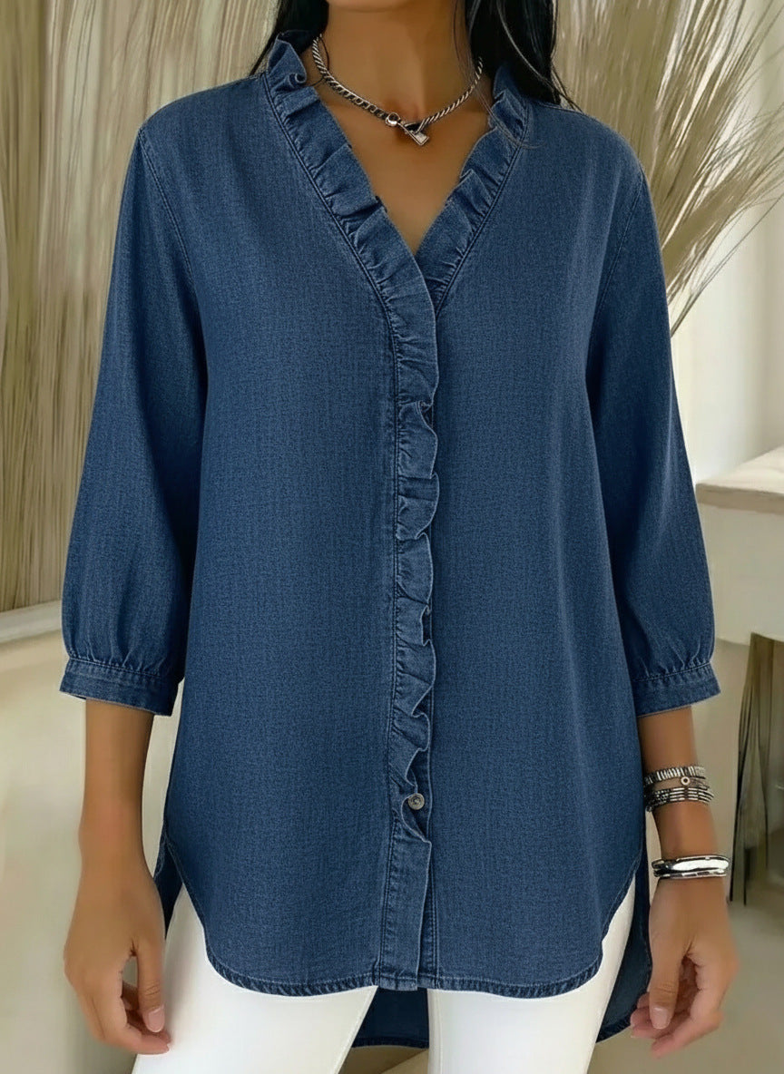 Image of Jane | Women's Button-Down Ruffle Trim Blouse