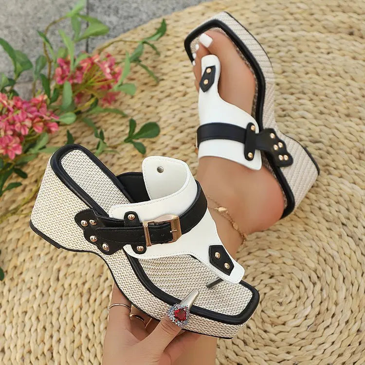 Image of Kara | Women's Studded Wedge Heel Toe Post Sandals