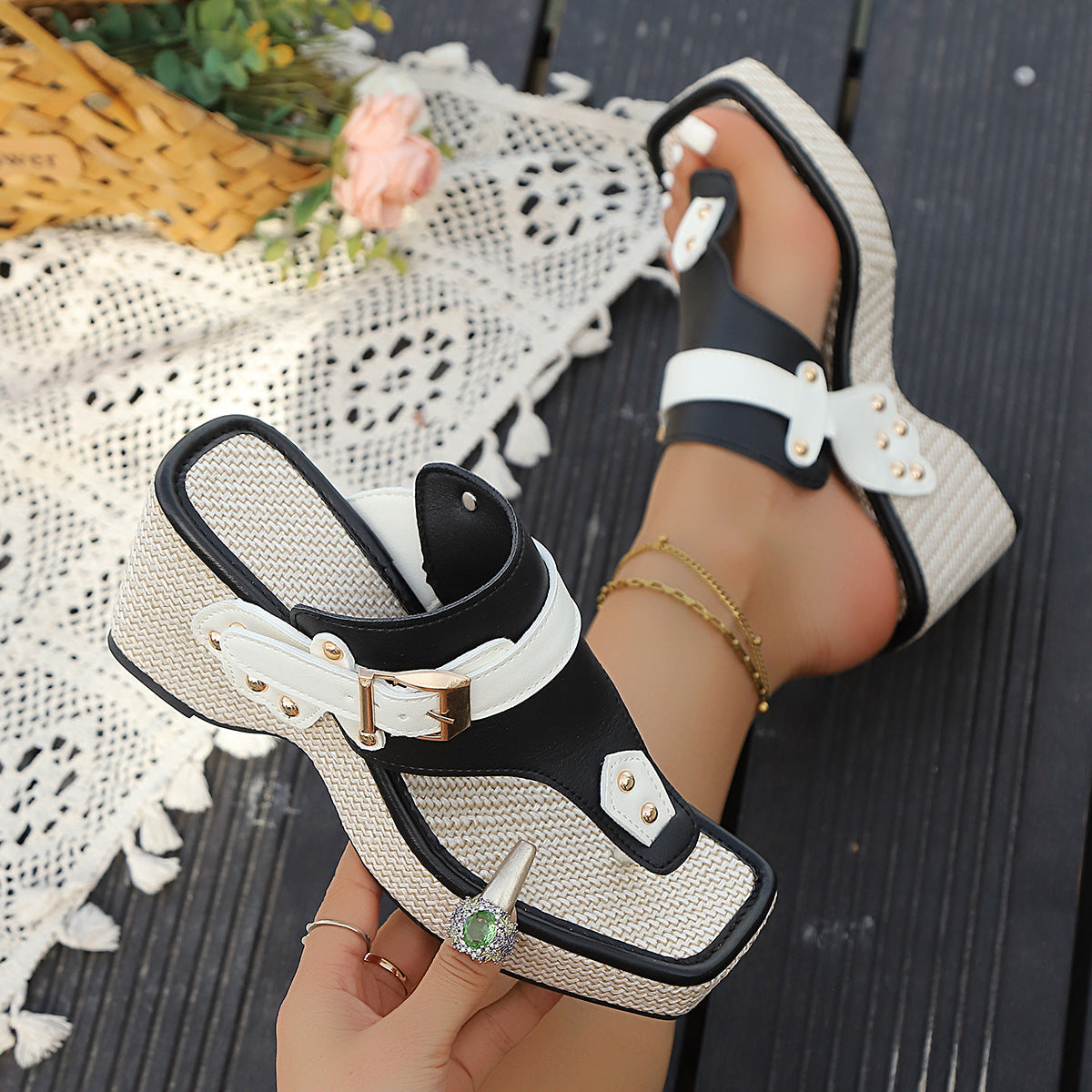 Image of Kara | Women's Studded Wedge Heel Toe Post Sandals