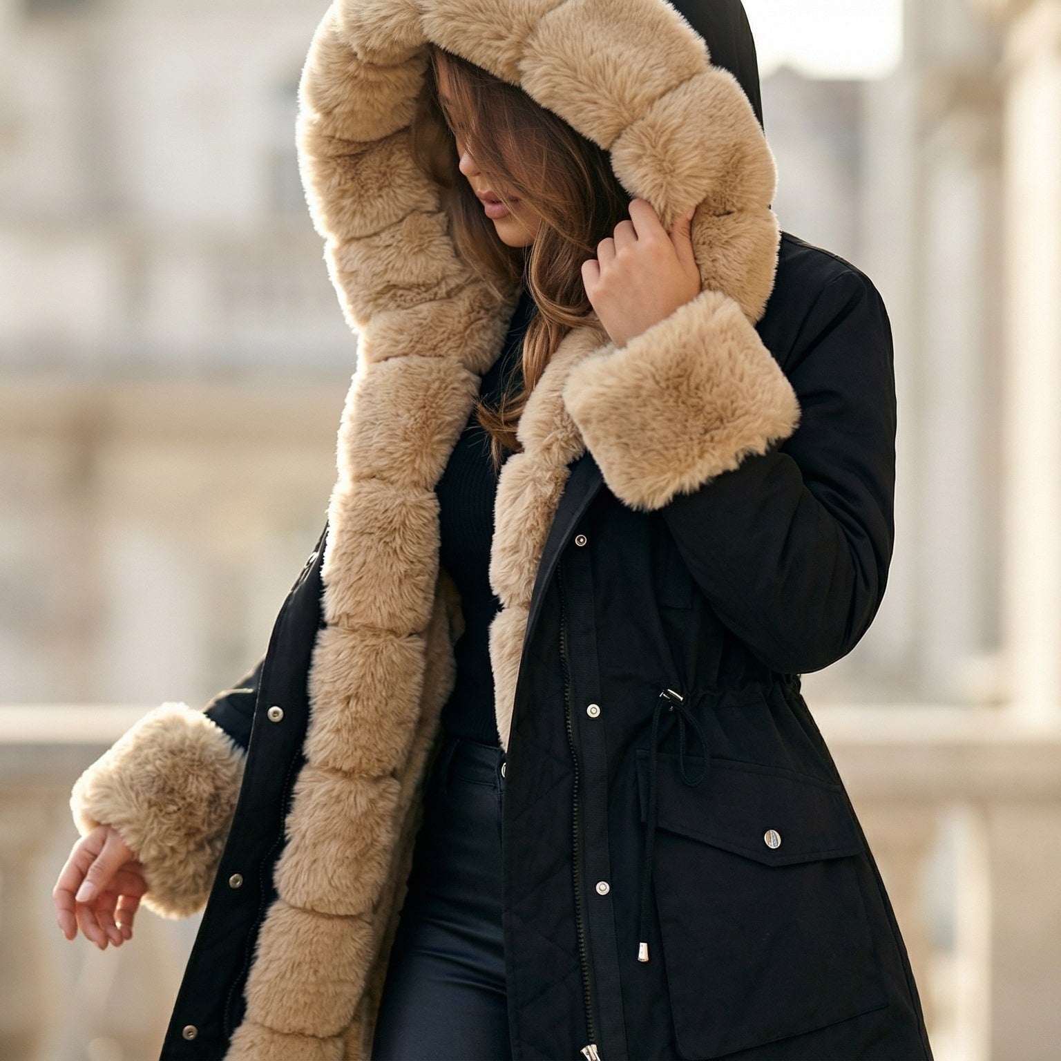 Image of Kate | Women's Hooded Faux Fur Trim Coat